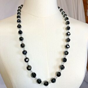 Vintage 1950s Black Faceted Glass Bead Necklace Crystal Spacer Art Deco Revival